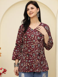 Maroon Floral Printed V-Neck Pure Cotton Short Kurti