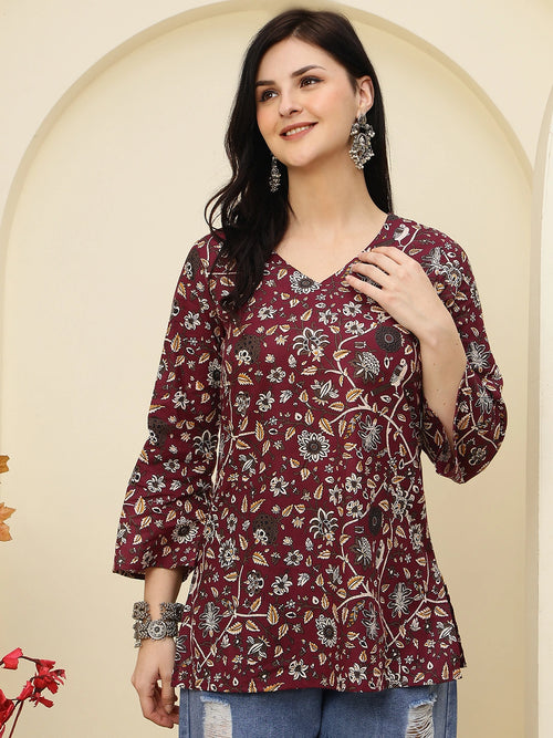 Maroon Floral Printed V-Neck Pure Cotton Short Kurti