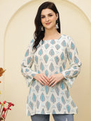 Ivory Blue Ethnic Motifs Printed Lace-Up Back Pure Cotton Short Kurti