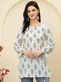 Ivory Blue Ethnic Motifs Printed Lace-Up Back Pure Cotton Short Kurti