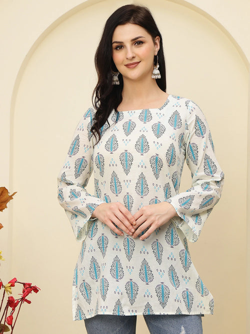 Ivory Blue Ethnic Motifs Printed Lace-Up Back Pure Cotton Short Kurti