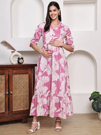 Frempy Women Fit and Flare Pink Floral Printed Maxi/Full Length Dress