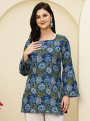 Teal Blue Floral Bell Sleeve Pure Cotton Short Kurti