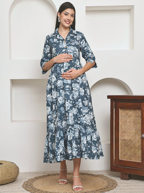 Frempy Women Fit and Flare Soft Blue Floral Printed Maxi/Full Length Dress