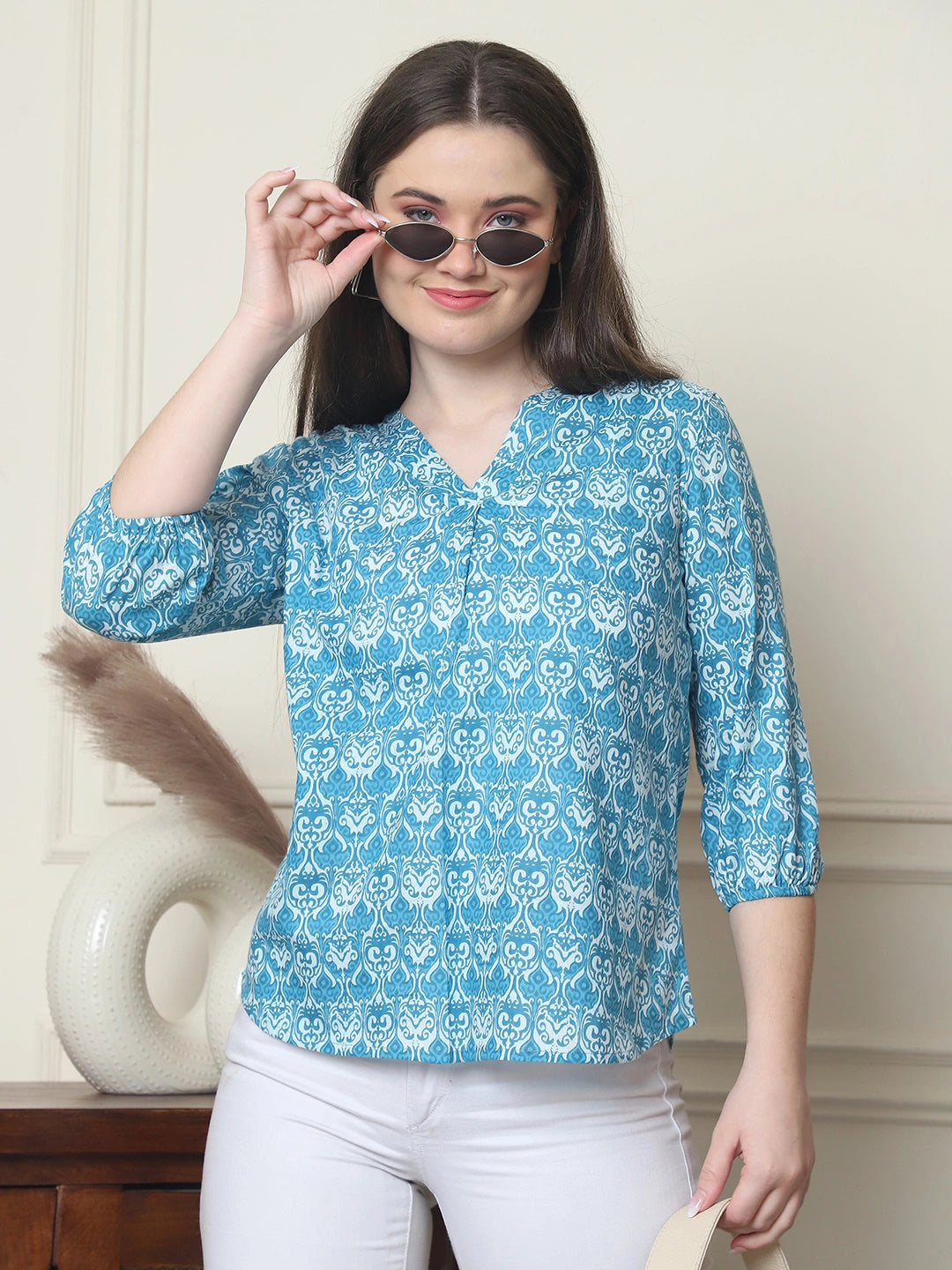 Frempy Women Aqua Blue Floral Printed Pure Cotton Top