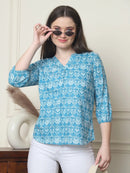 Frempy Women Aqua Blue Floral Printed Pure Cotton Top