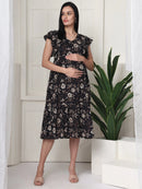 Frempy Women Fit and Flare Coffee Brown Floral Printed Midi Dress