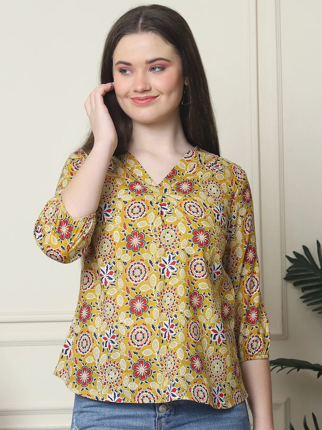 Frempy Women Yellow Floral Printed Pure Cotton Top