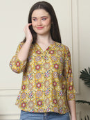 Frempy Women Yellow Floral Printed Pure Cotton Top