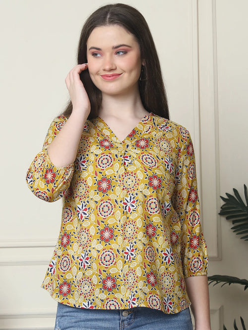 Frempy Women Yellow Floral Printed Pure Cotton Top