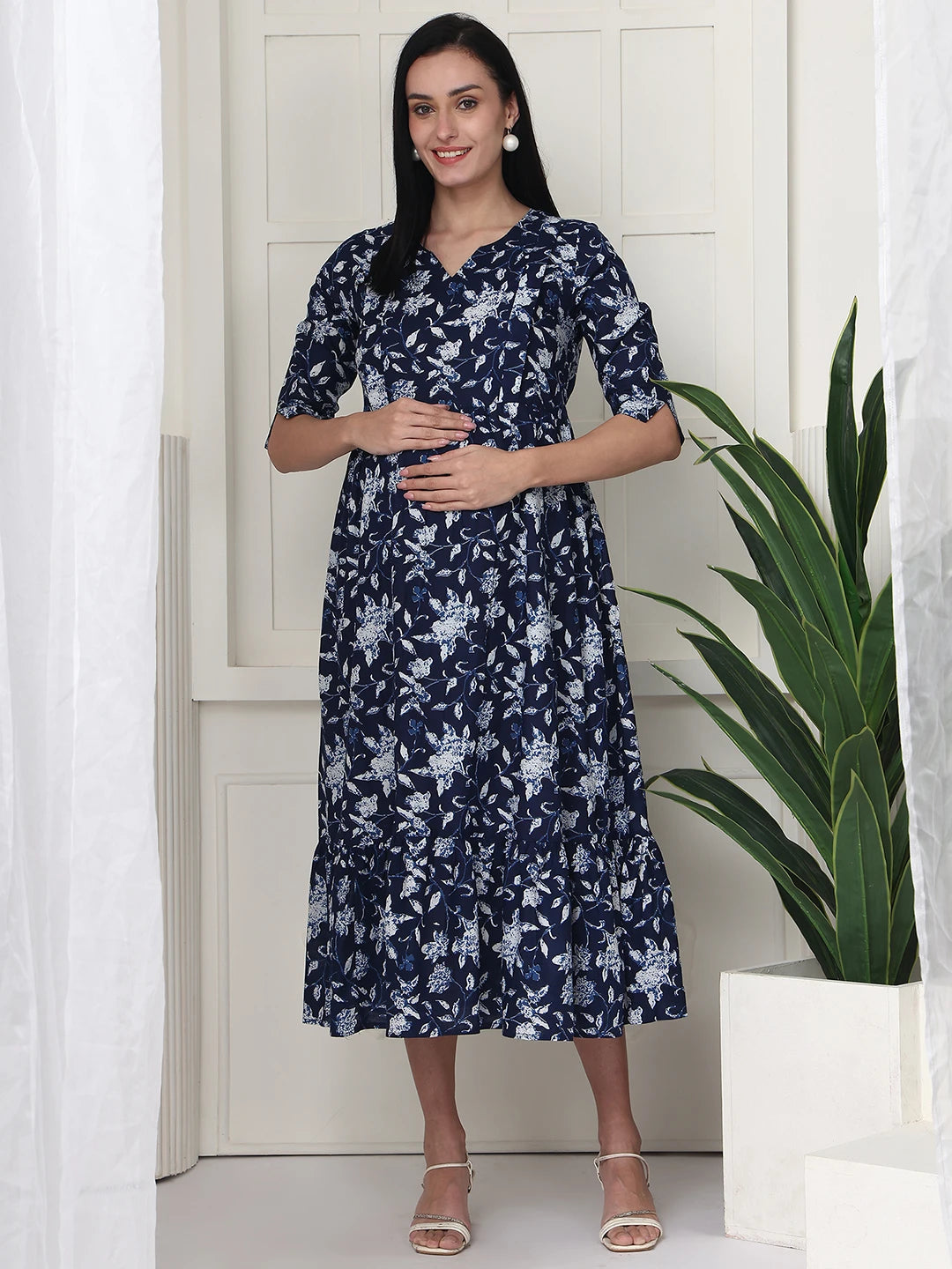 Frempy Women Navy Blue Floral Printed  Maternity Dress