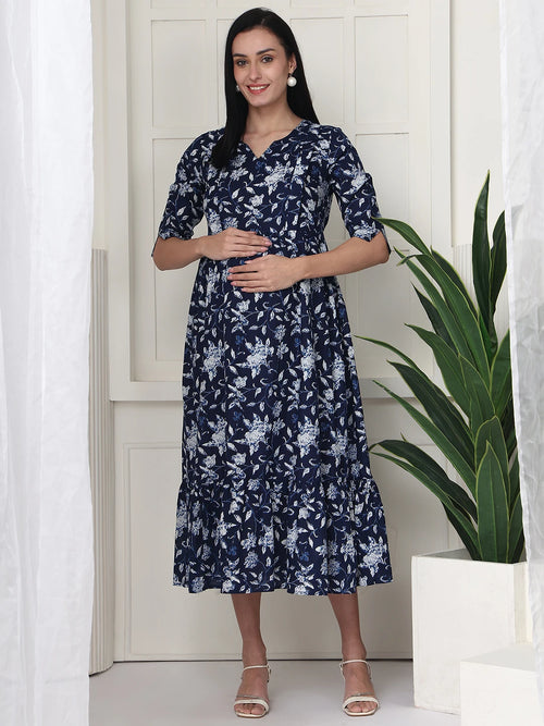 Frempy Women Navy Blue Floral Printed  Maternity Dress