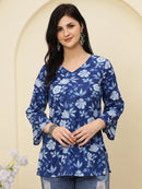 Navy Blue Floral Printed V-Neck Pure Cotton Short Kurti