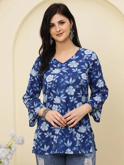 Navy Blue Floral Printed V-Neck Pure Cotton Short Kurti