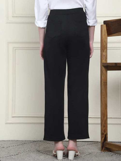 Frempy Women's High-Rise Relaxed Straight Leg Formal Trousers - Black