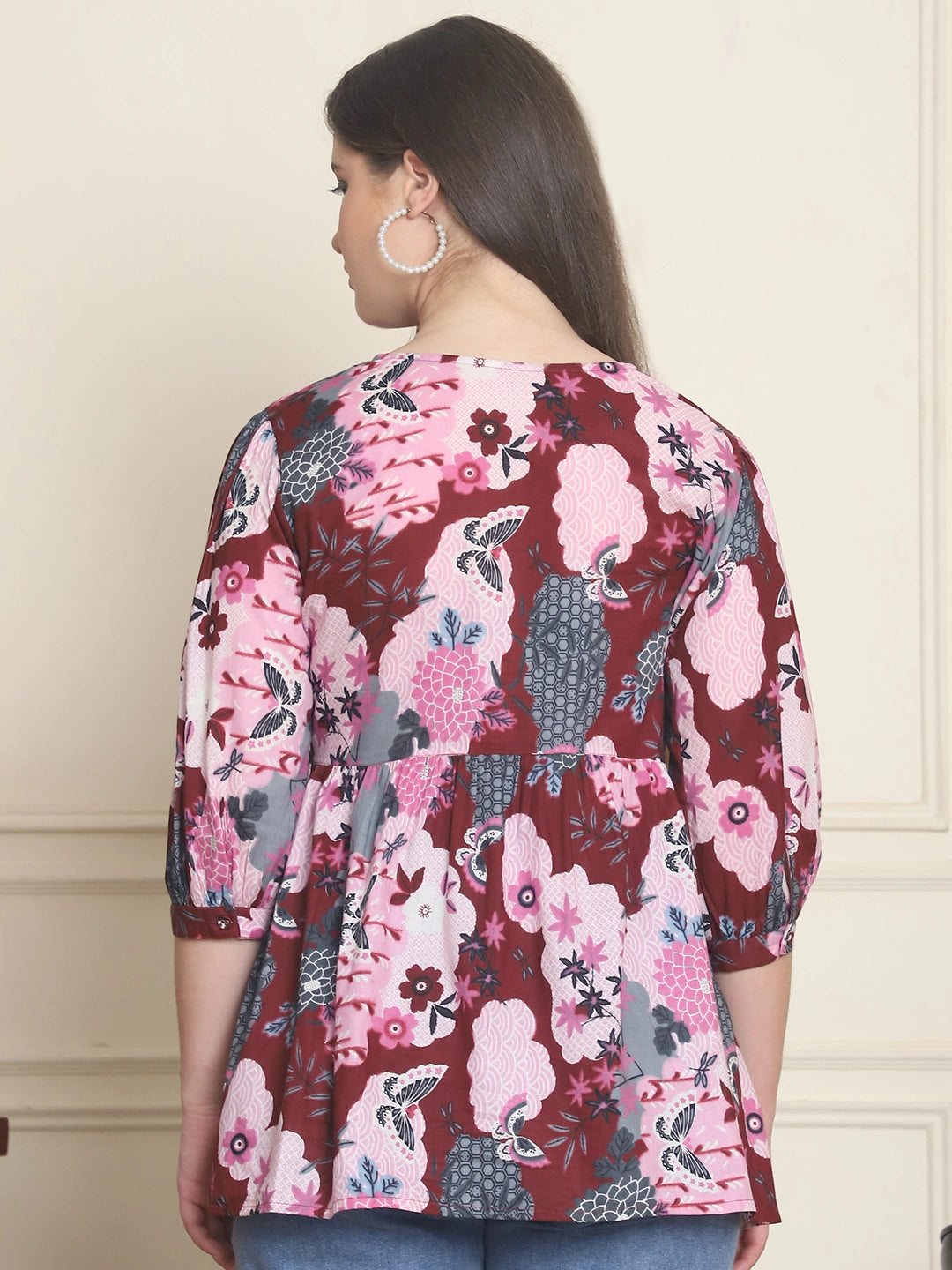 Frempy Women Maroon Printed Pure Cotton Top