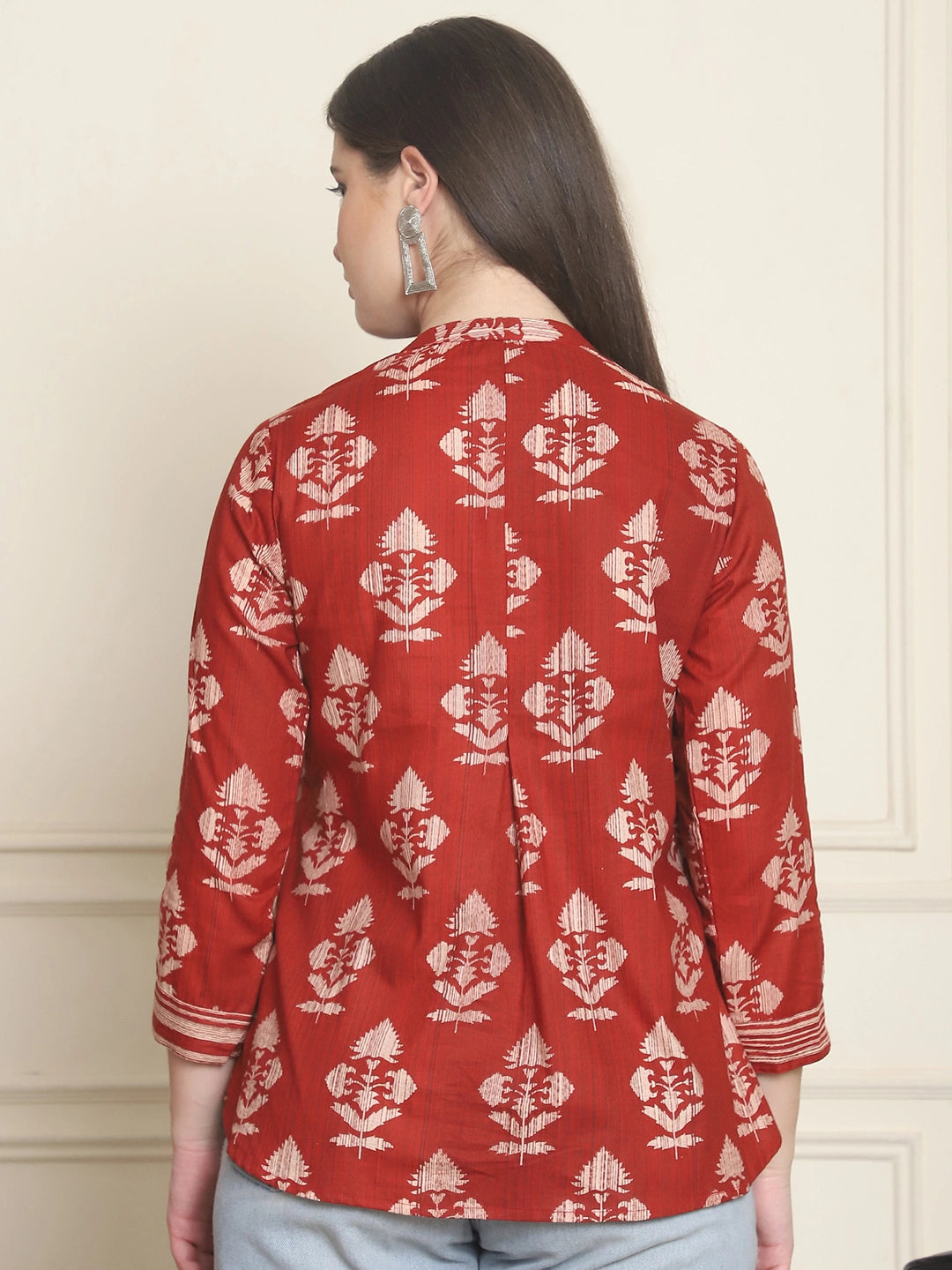 Frempy Women Maroon Motifs Printed Pure Cotton Top