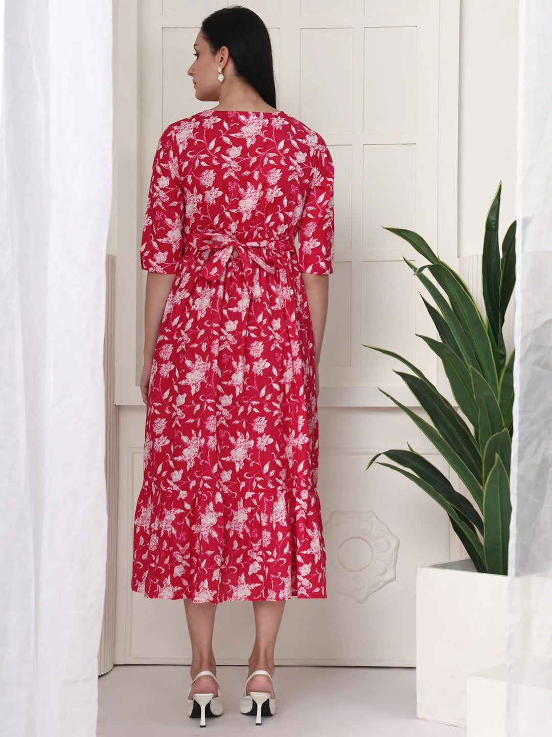 Frempy Women Pink Floral Printed  Maternity Dress