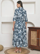 Frempy Women Fit and Flare Soft Blue Floral Printed Maxi/Full Length Dress