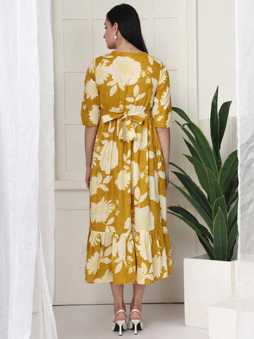 Frempy Women Yellow Floral Printed  Maternity Dress