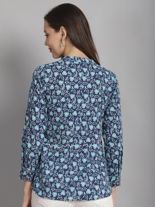 Navy Blue Floral Printed Pure Cotton Top