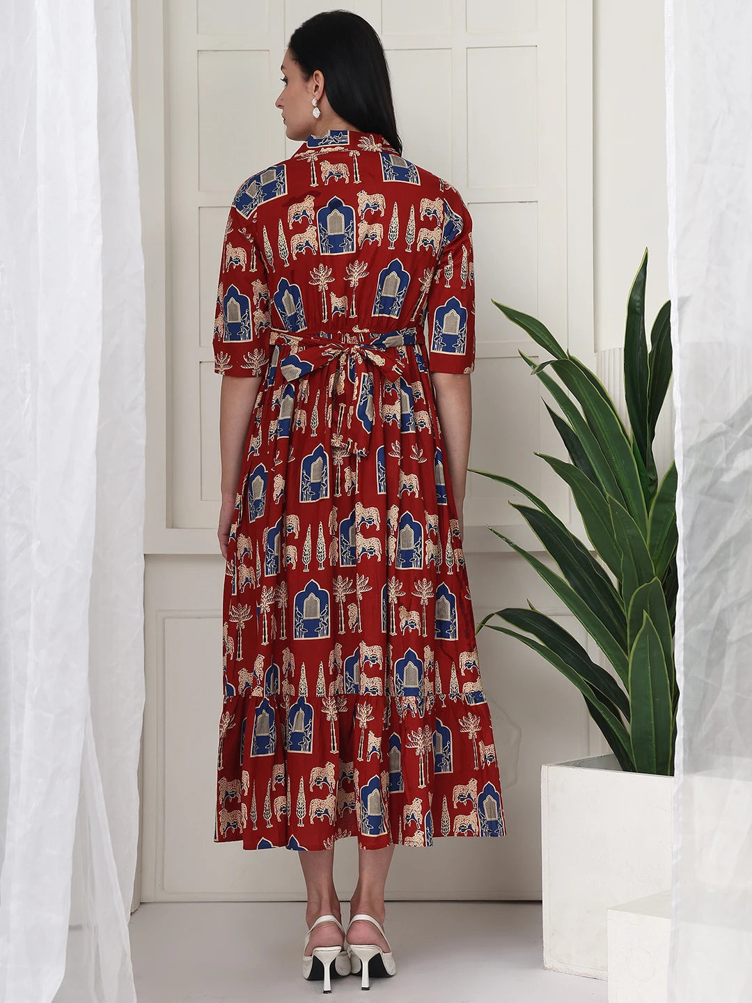 Frempy Women Fit and Flare Maroon Printed Maxi/Full Length Maternity Dress