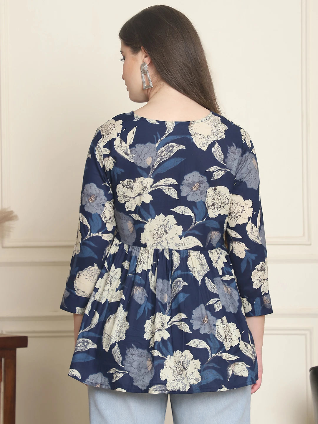 Frempy Women Navy Blue Floral Pure Cotton Tops