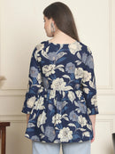 Frempy Women Navy Blue Floral Pure Cotton Tops