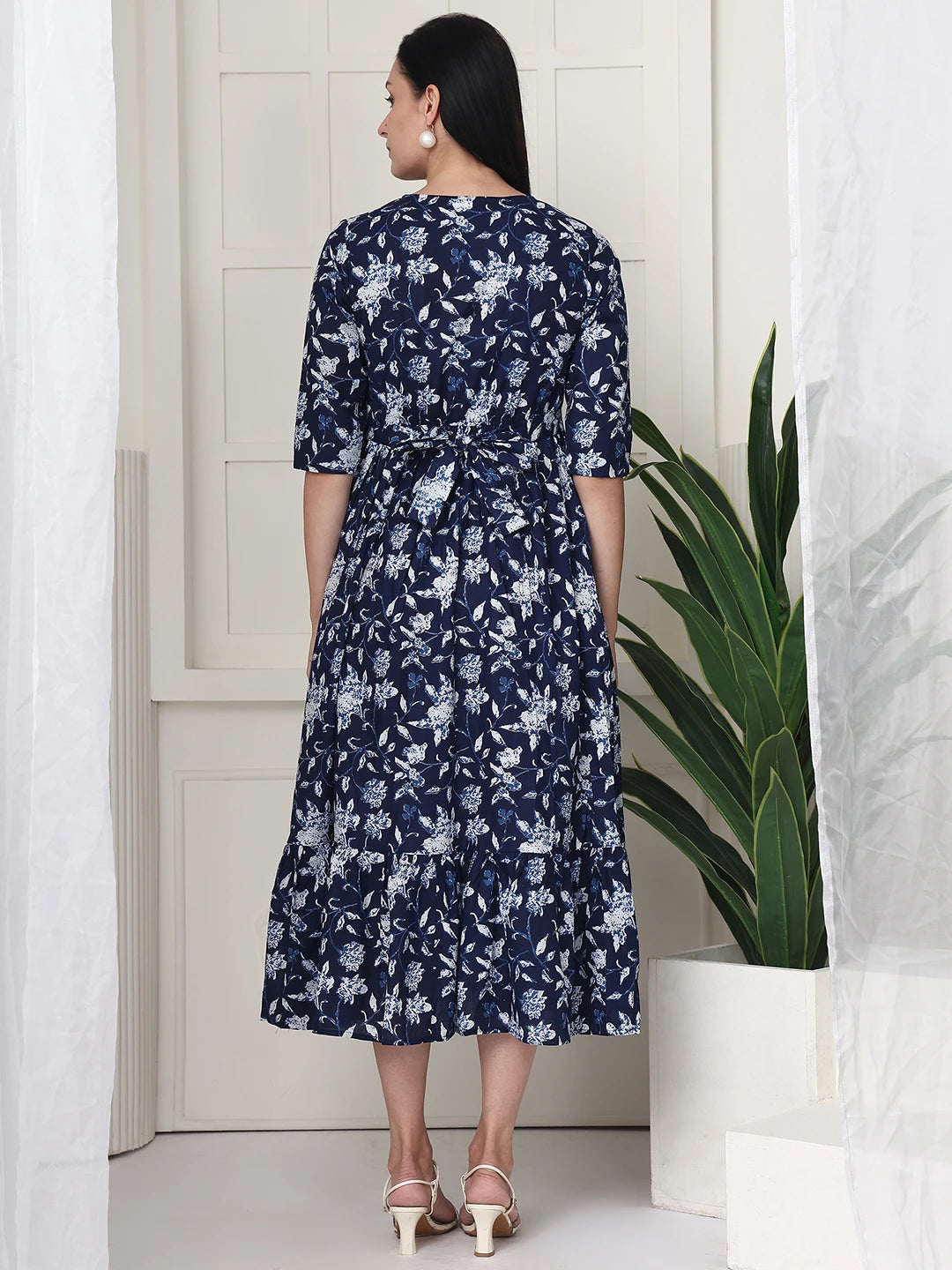 Frempy Women Navy Blue Floral Printed  Maternity Dress