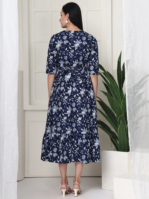Frempy Women Navy Blue Floral Printed  Maternity Dress