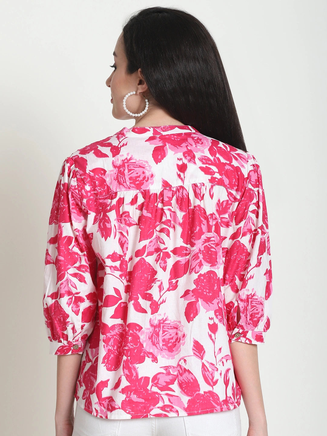 Frempy Women Pink Floral Printed Pure Cotton Top