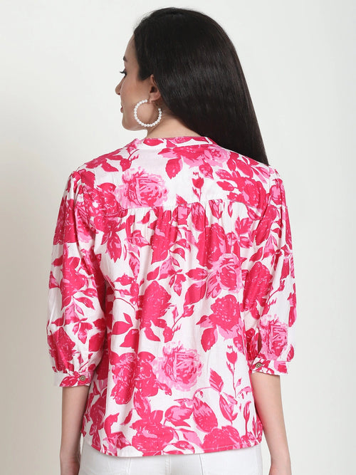 Frempy Women Pink Floral Printed Pure Cotton Top
