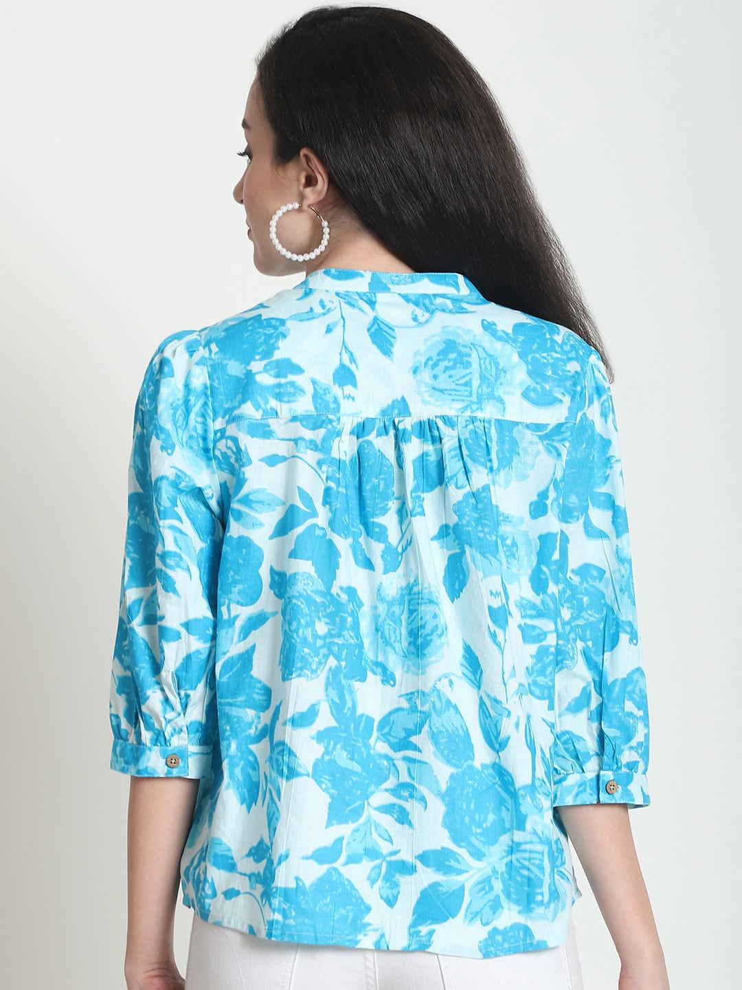 Frempy Women Blue Floral Printed Pure Cotton Top