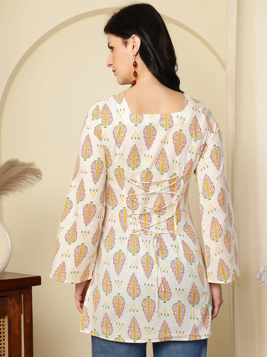 Ivory Ethnic Motifs Printed Lace-Up Back Pure Cotton Short Kurti