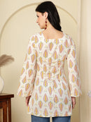 Ivory Ethnic Motifs Printed Lace-Up Back Pure Cotton Short Kurti