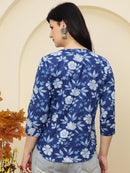 Navy Blue Floral Buttoned Mandarin Collar Cotton Top