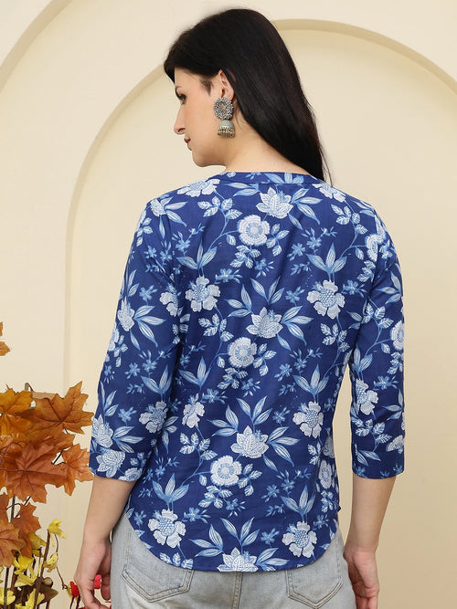 Navy Blue Floral Buttoned Mandarin Collar Cotton Top