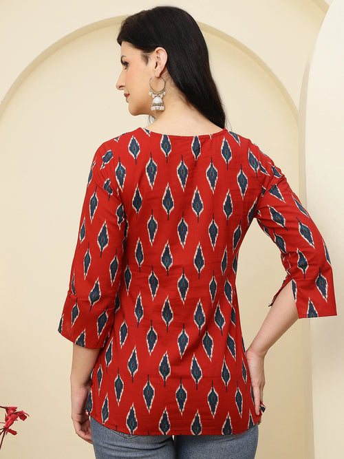 Red Ikat Printed  Pure Cotton Short Kurti