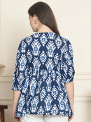 Frempy Women Blue Ikat Motif Pure Cotton Tops