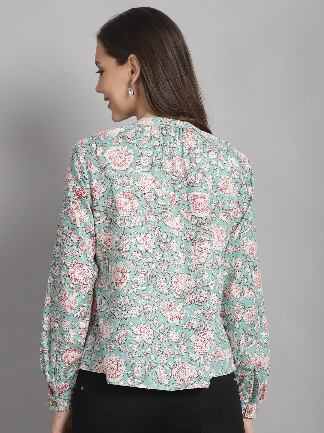 Sea Green Floral Printed Floral Pure Cotton Top