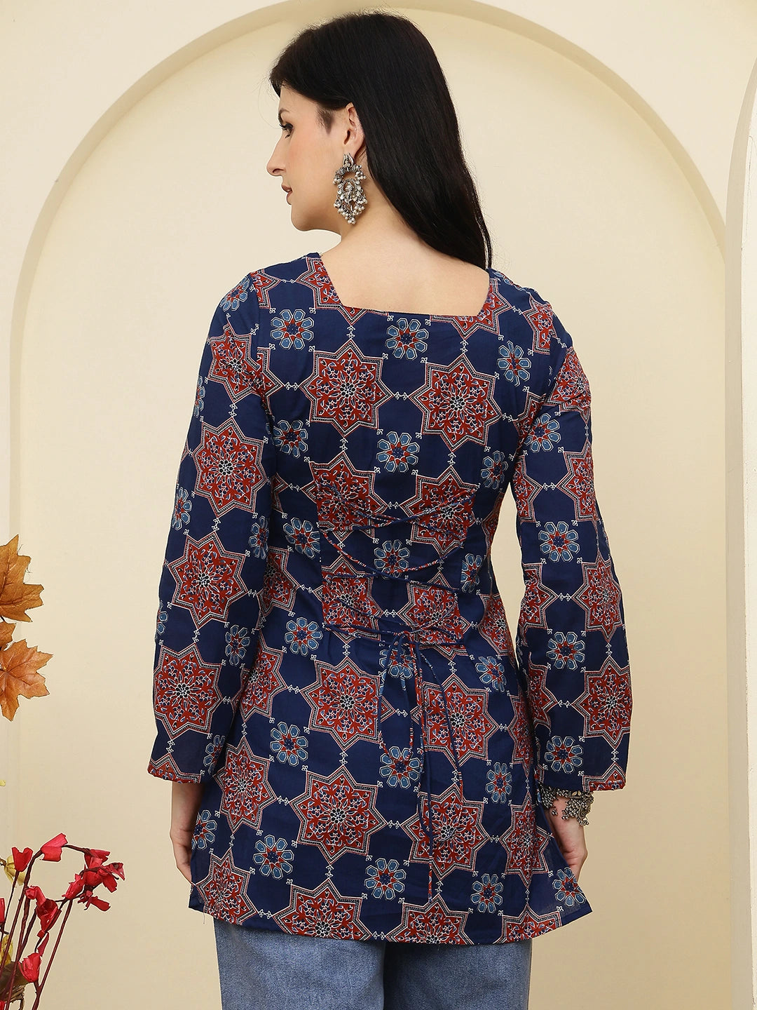 Navy Blue Ajrakh Printed A-Line Pure Cotton Short Kurti