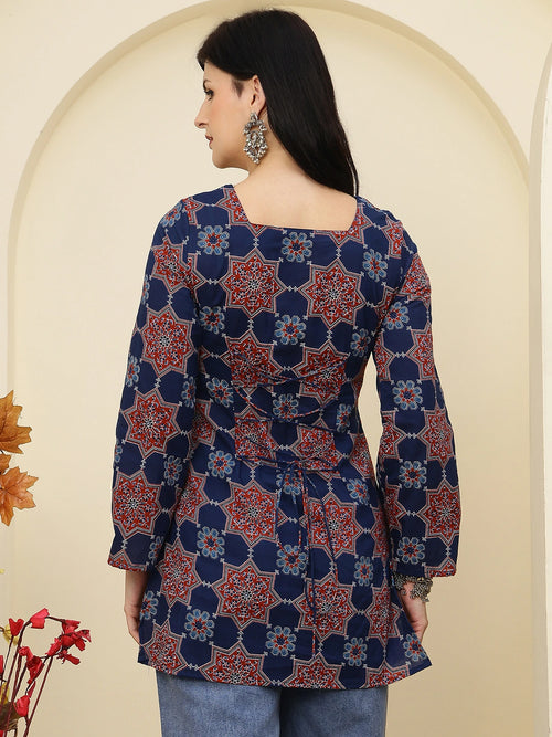 Navy Blue Ajrakh Printed A-Line Pure Cotton Short Kurti