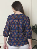 Frempy Women Navy Blue Elephant Printed Pure Cotton Top