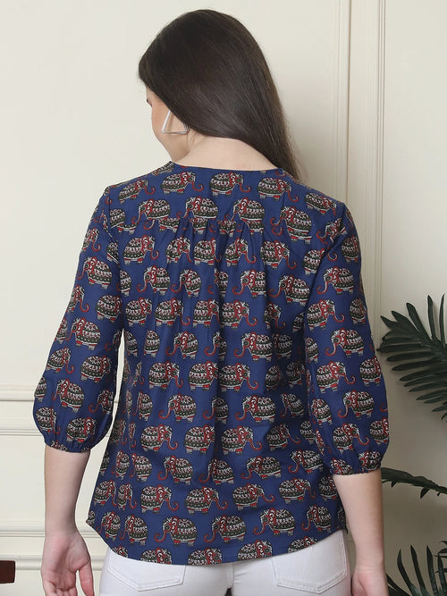 Frempy Women Navy Blue Elephant Printed Pure Cotton Top
