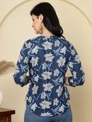 Navy Blue Floral Buttoned Mandarin Collar Cotton Top