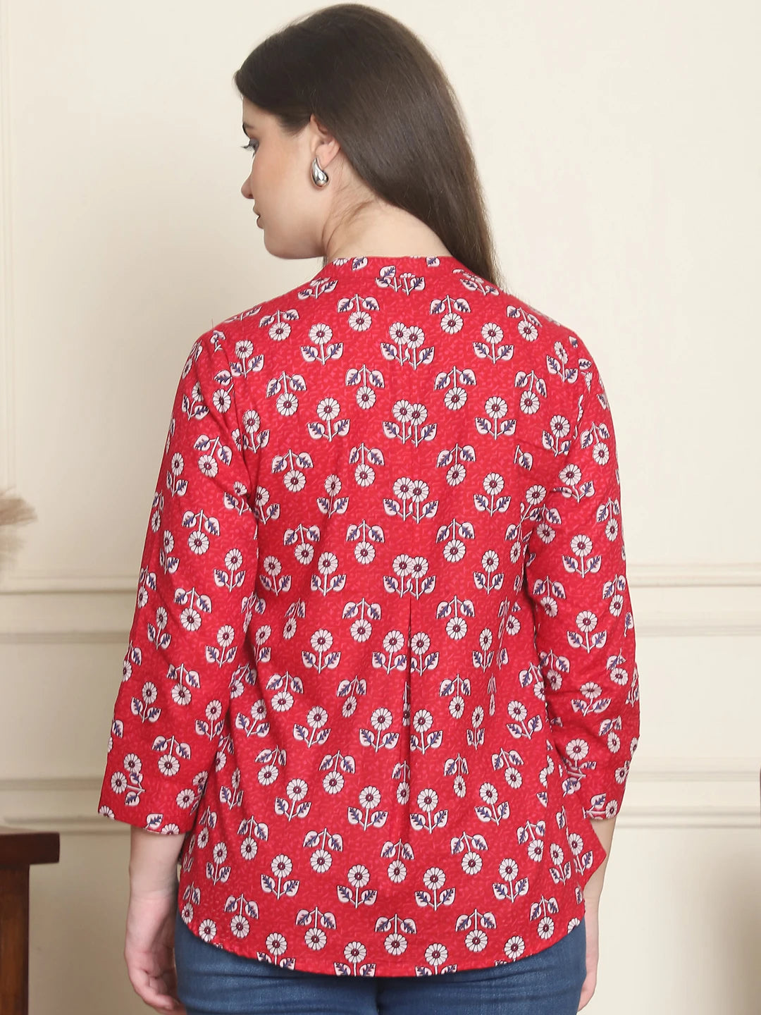 Frempy Women Red Floral Printed Pure Cotton Top
