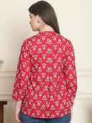 Frempy Women Red Floral Printed Pure Cotton Top