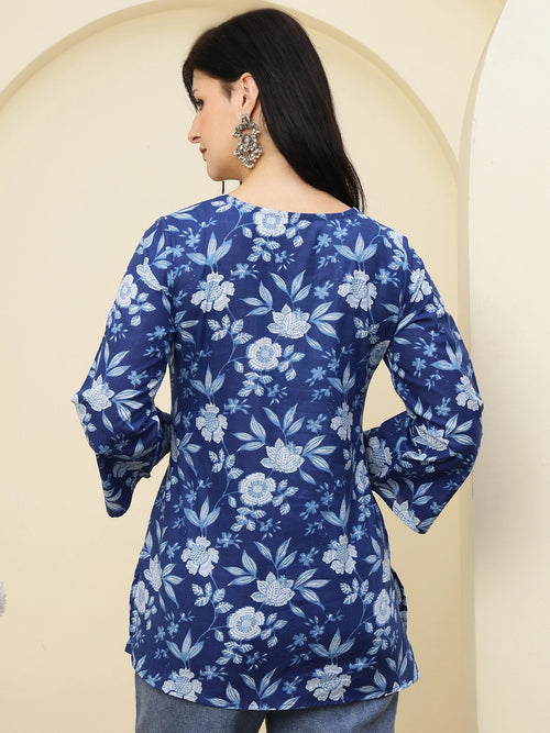 Navy Blue Floral Printed V-Neck Pure Cotton Short Kurti