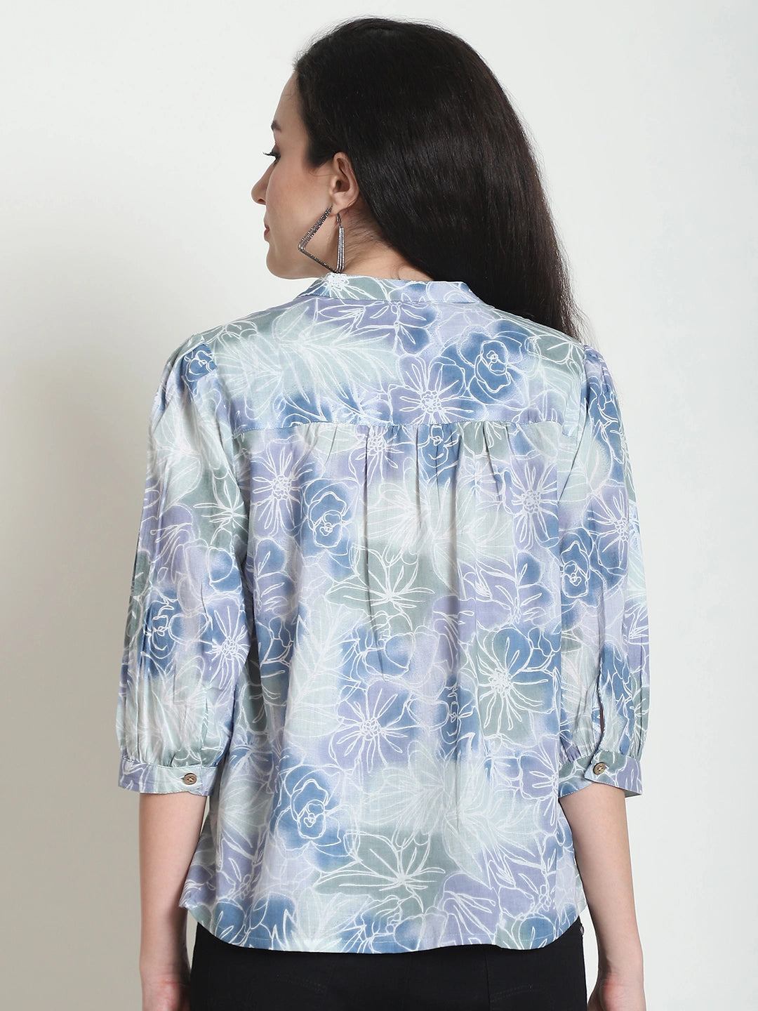 Frempy Women Blue Floral Printed Pure Cotton Top