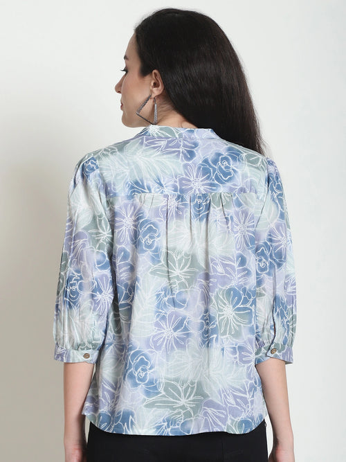 Frempy Women Blue Floral Printed Pure Cotton Top